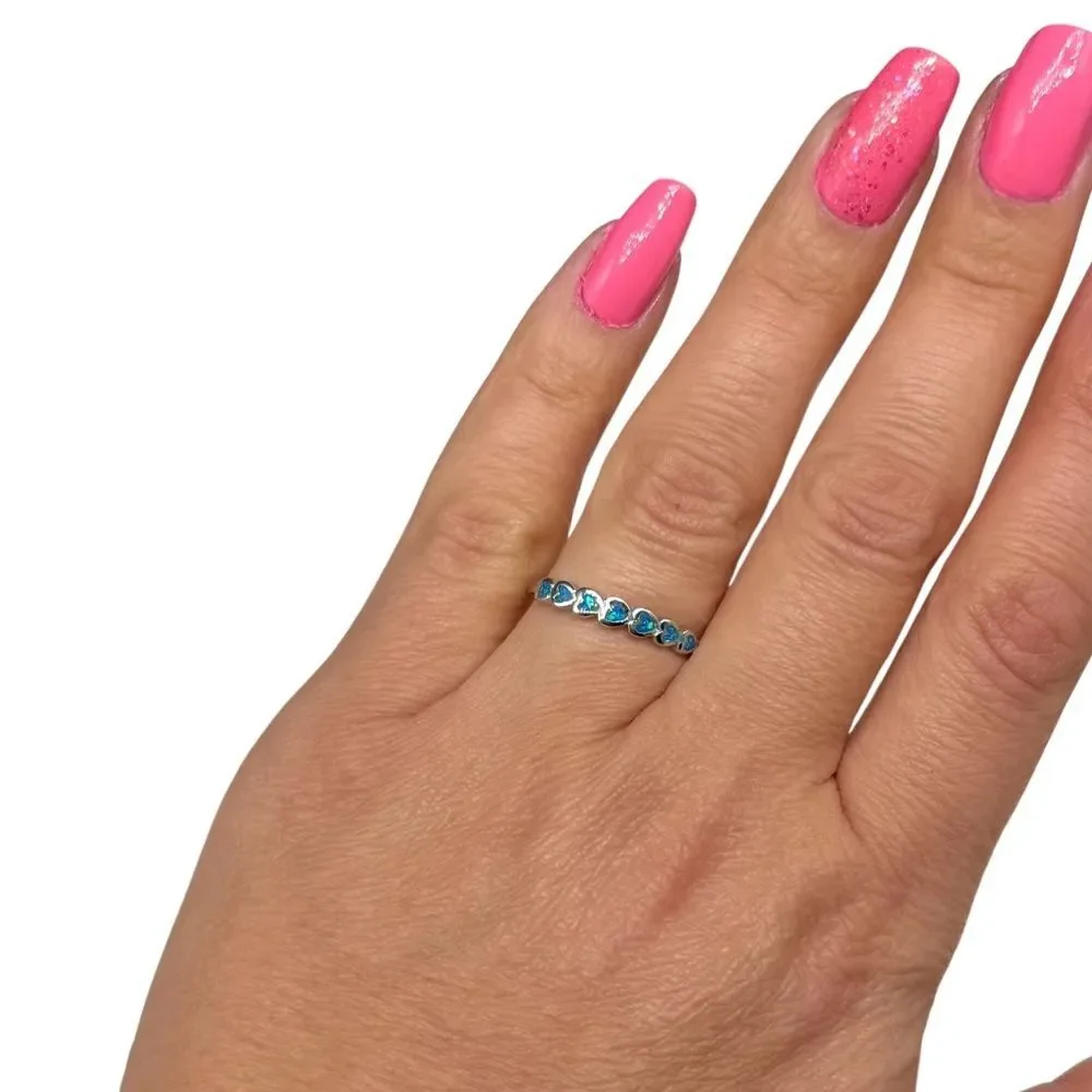 Blue Fire Opal Heart Eternity Band Ring Solid 925 Sterling Silver Size 6